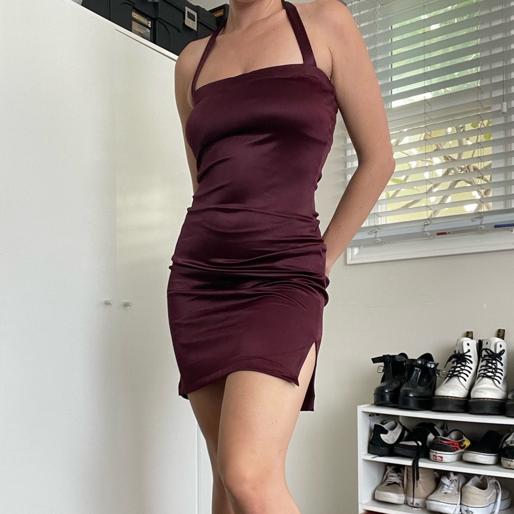 Brand new evolution not revolution 90s halter dress - size S -maroon nylon dress